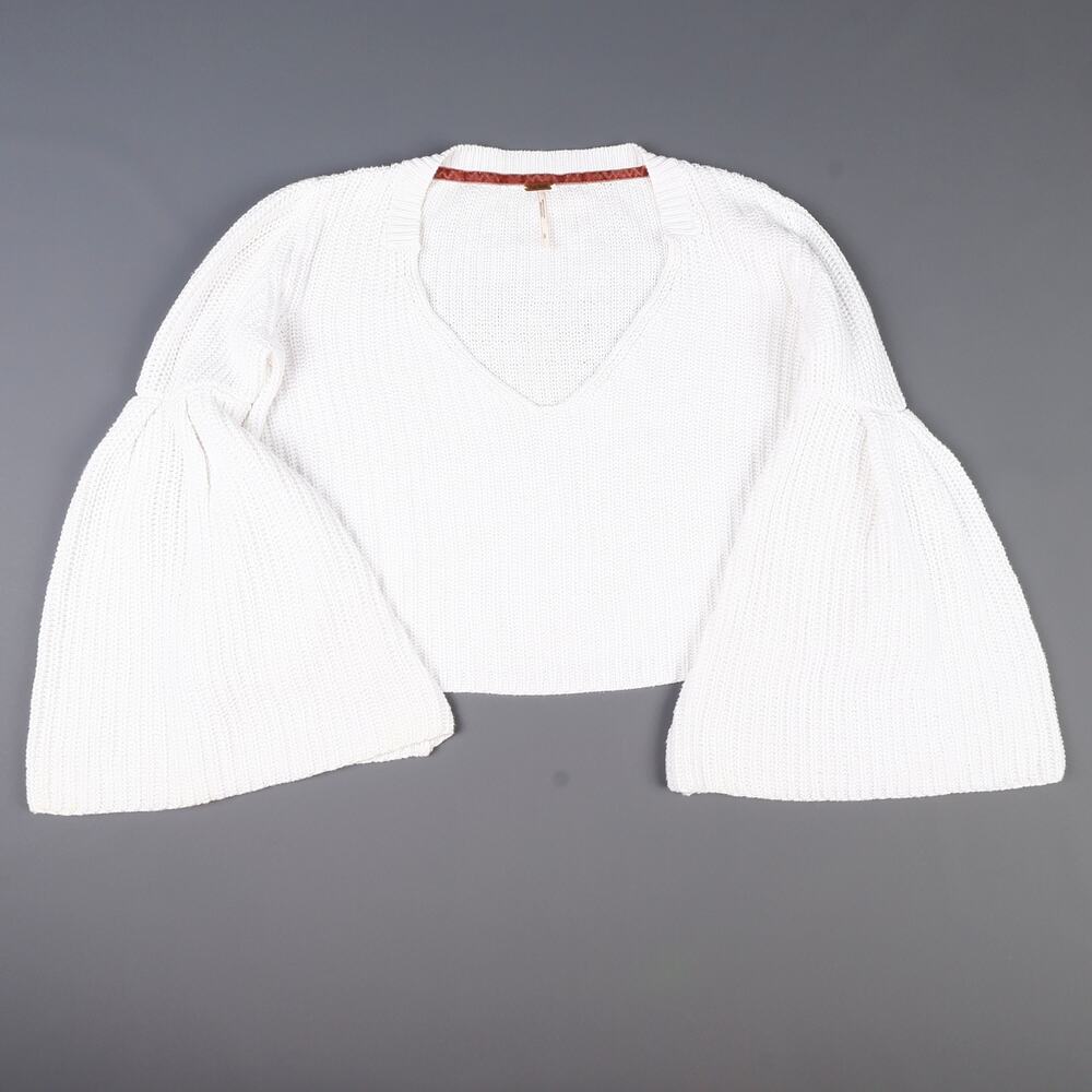 Free People Womens Small Damsel Cotton Flare-Sleeve Kint Sweater White Boho